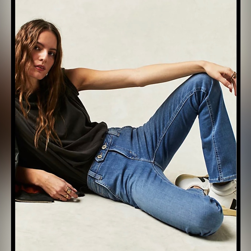 Free People Slim Rise Varsity Blue Bootcut Jeans